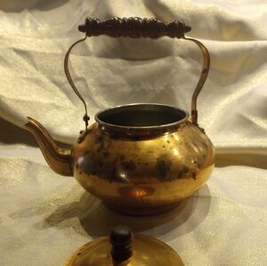 SKU 819D Vintage Copper Clad Tea Kettle Teapot Stained Turned Wood Handles 